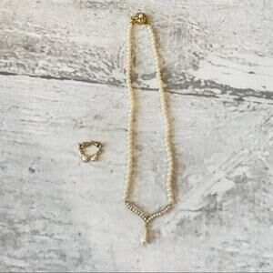 Vintage Faux Pearl Diamond Costume Jewelry Necklace Drop Earring Set